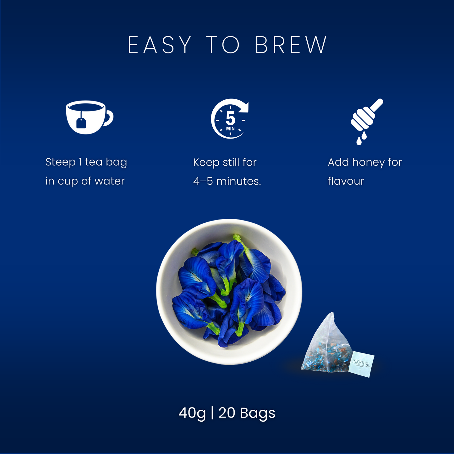 Namhya Blue Pea Tea | 28-Day Ayurvedic Blend for Stress Relief, Better Sleep & Antioxidant Boost | Sip – Calm – Glow