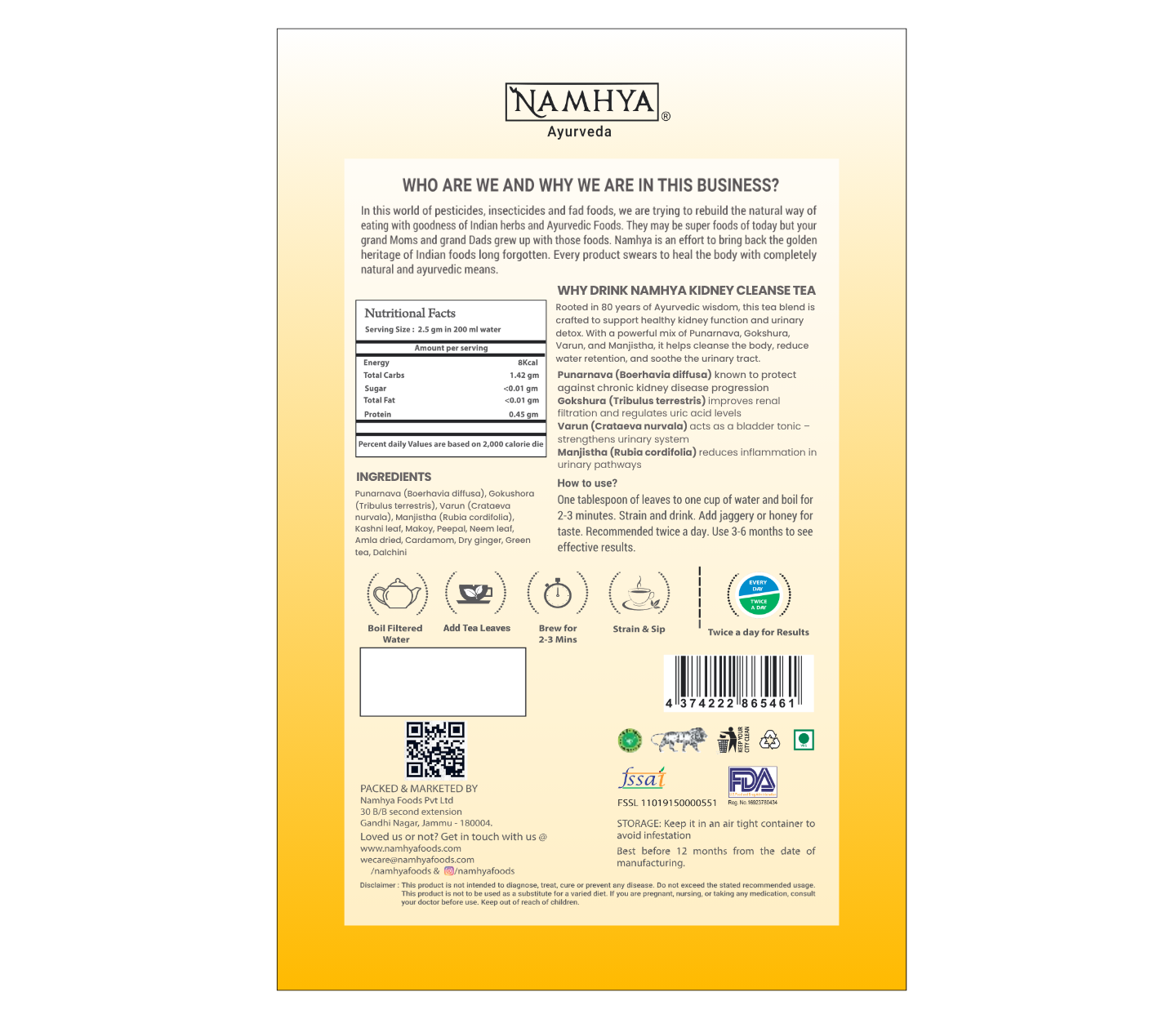 Namhya Kidney Cleanse Tea | 28-Day Ayurvedic Blend for Kidney Detox, Stone Shield & Water-Weight Relief | Sip – Flush – Revive