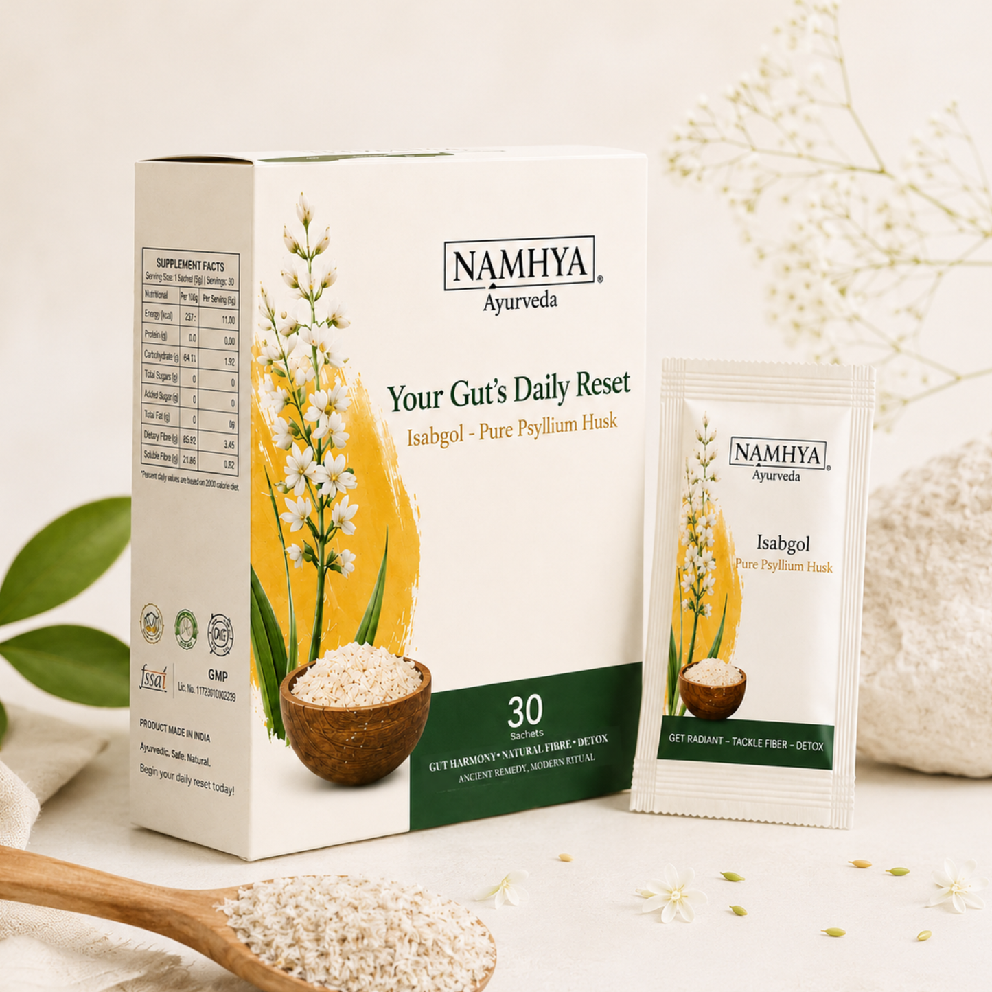 Namhya Pure Isabgol (Psyllium Husk) Powder – Natural Fiber Supplement for Constipation, Digestion, Gut Health & Detox | Ayurvedic Gut Cleanser
