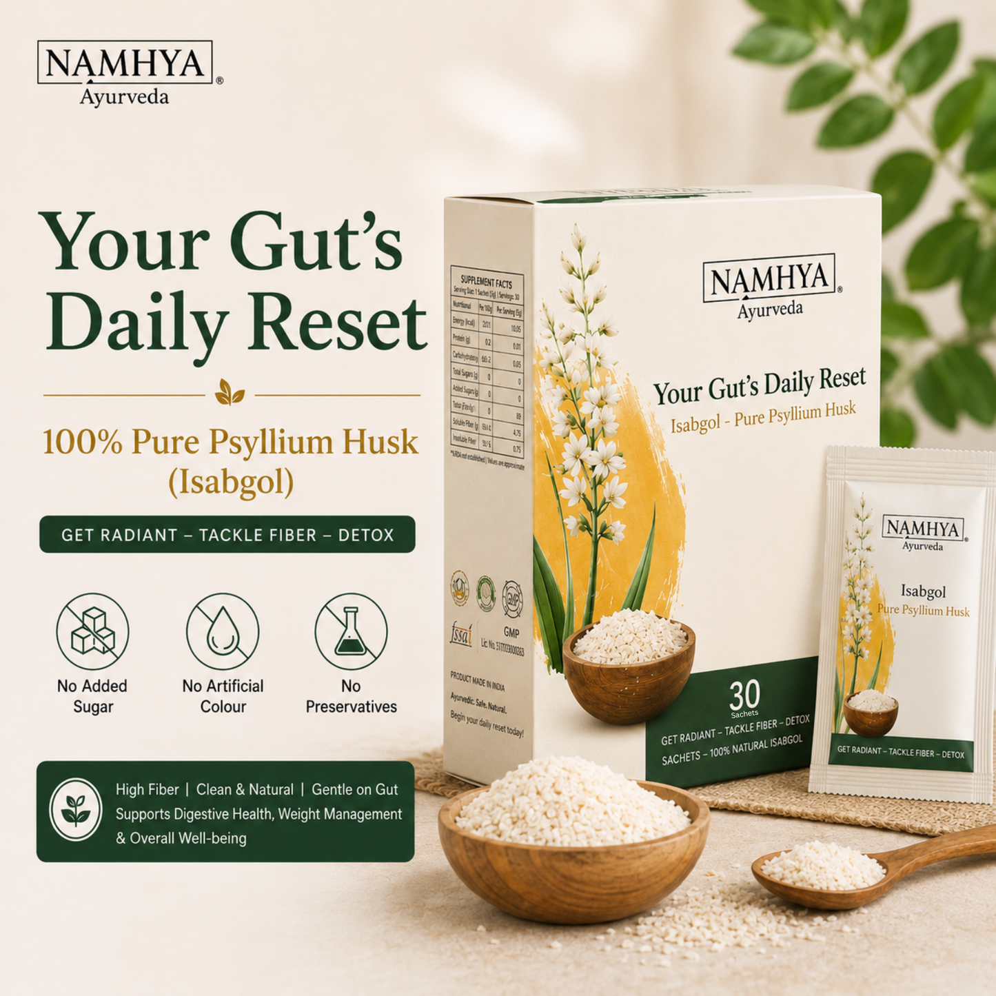 Namhya Pure Isabgol (Psyllium Husk) Powder – Natural Fiber Supplement for Constipation, Digestion, Gut Health & Detox | Ayurvedic Gut Cleanser