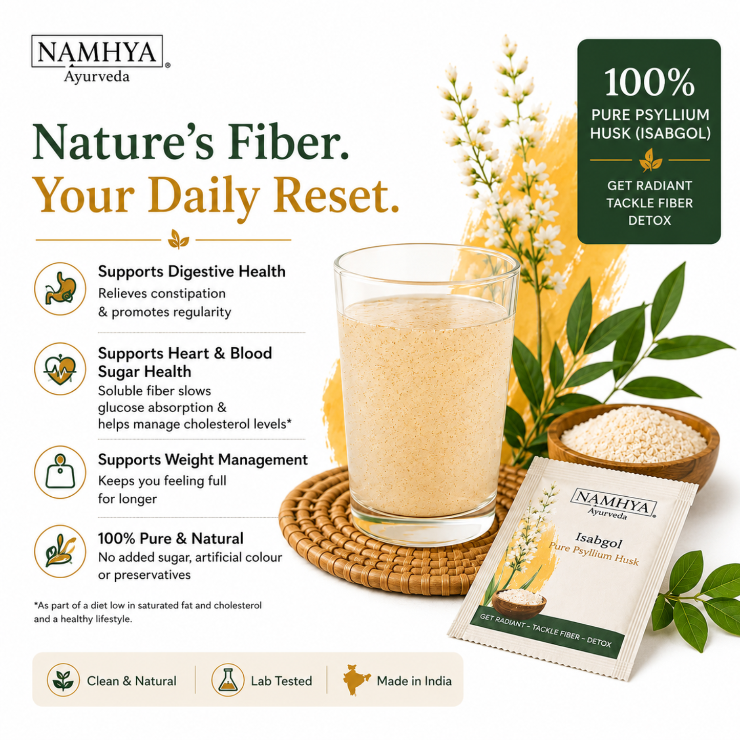 Namhya Pure Isabgol (Psyllium Husk) Powder – Natural Fiber Supplement for Constipation, Digestion, Gut Health & Detox | Ayurvedic Gut Cleanser
