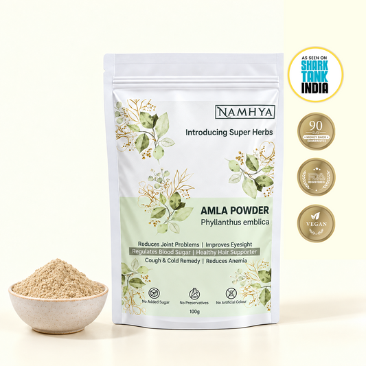 Namhya Amla Powder, Amla Churna, Phyllanthus emblica, Ayurvedic Amla, Indian gooseberry powder, hair health, eye health, joint wellness, blood sugar support, natural herbal powder, 100g