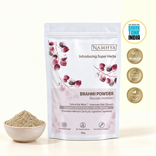 Namhya Brahmi Powder, Brahmi Churna, Bacopa monnieri, Ayurvedic Brahmi, brain health, memory support, stress relief, cognitive support, hair growth, natural herbal powder, 100g
