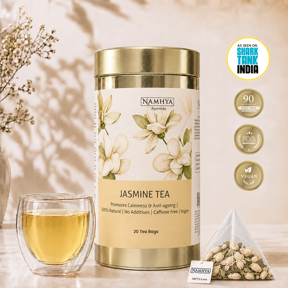Namhya Jasmine Tea, jasmine herbal tea, natural jasmine tea, caffeine free tea, calming tea, antioxidant tea, floral tea, 20 tea bags, vegan tea