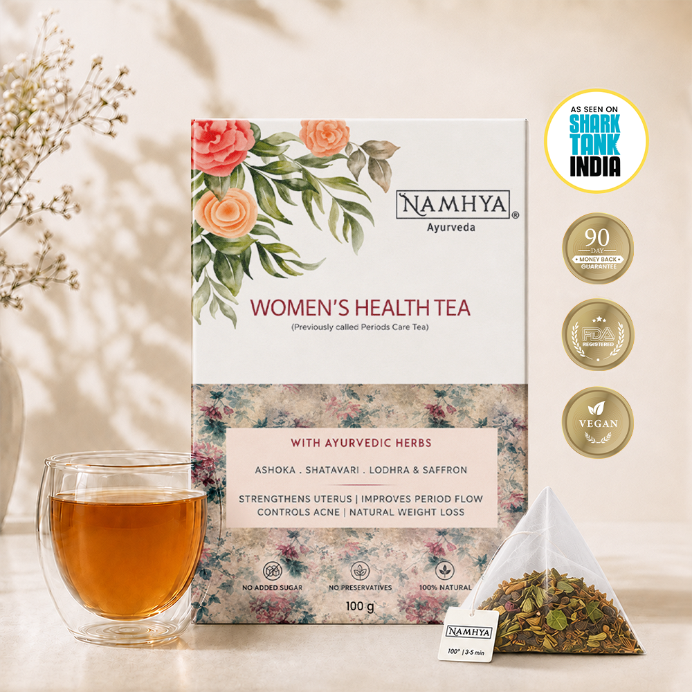 Namhya Women's Health Tea, Ayurvedic women's health tea, Ashoka, Shatavari, Lodhra, Saffron, herbal tea, period care, women's wellness, 100g