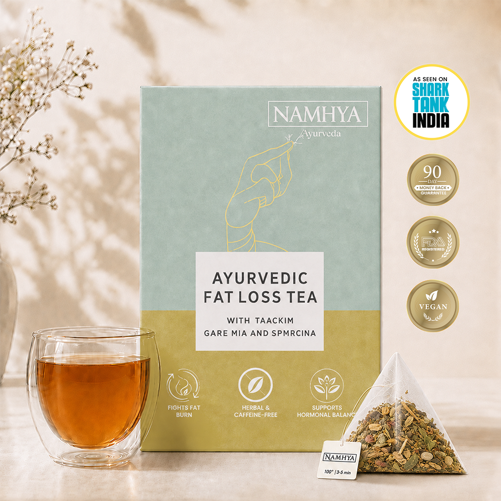 Namhya Ayurvedic Fat Loss Tea, Ayurvedic weight loss tea, Taackim, Garcinia, Spmrcina, herbal caffeine-free tea, metabolism support, fat loss tea