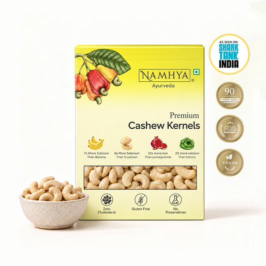 Namhya Ayurveda Premium Cashew Kernels, premium cashew nuts, whole cashews, natural cashew kernels, healthy snacks, plant based snack, vegan nuts, gluten free cashews, zero cholesterol, no preservatives
