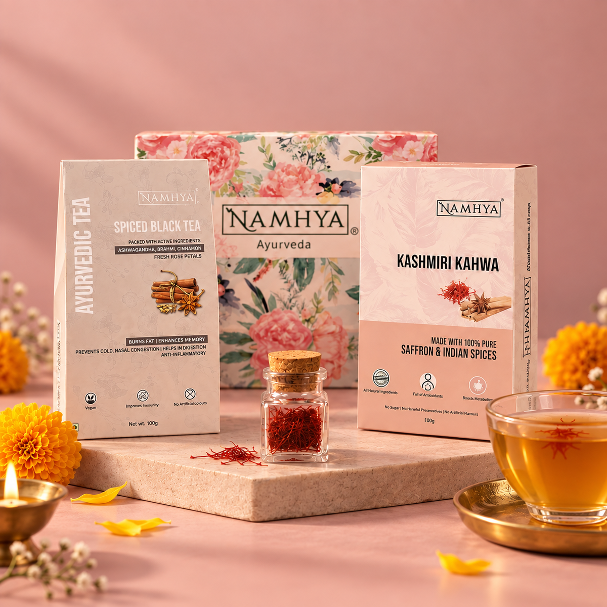 Namhya Ayurveda Diwali Self Care Gift Box, Diwali gift pack, Diwali gifting, Ayurvedic tea gift set, Spiced Black Tea, Kashmiri Kahwa, saffron tea, herbal tea gift hamper, festive gift box, corporate Diwali gifts, luxury Diwali gifts