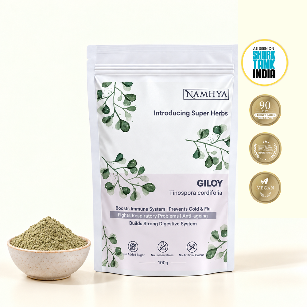 Namhya Giloy, Giloy Powder, Tinospora cordifolia, Ayurvedic herbal powder, immunity support, respiratory wellness, digestive health, natural herbal supplement, 100g