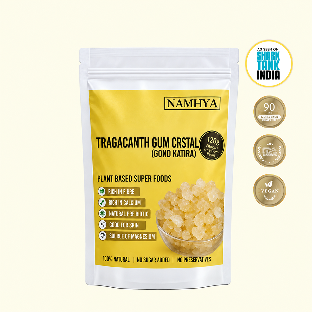 Namhya Gond Katira, Tragacanth Gum Crystals, Gond Katira Crystals, edible gum crystals, natural plant based superfood, dietary fibre, calcium rich food, natural prebiotic, skin wellness, vegan superfood, 120g