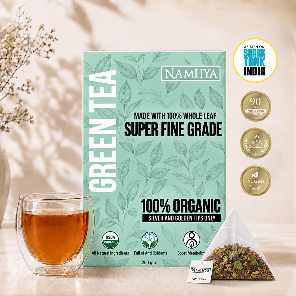 Namhya Organic Green Tea, whole leaf green tea, super fine grade green tea, silver and golden tips, 100% organic green tea, antioxidant rich tea, natural green tea, loose leaf green tea, premium green tea, 250g