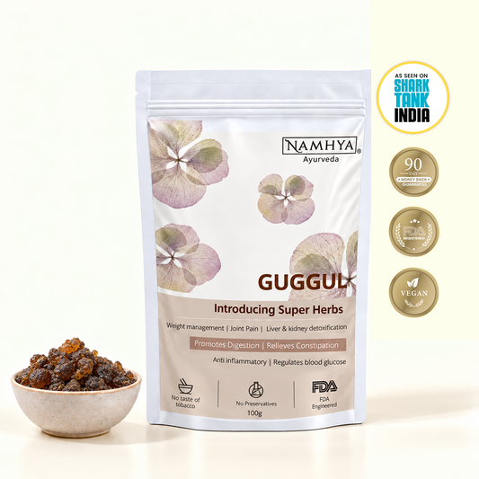 Namhya Guggul, Guggul Resin, Ayurvedic herbal supplement, natural Guggul, digestion support, weight management, joint health, liver and kidney wellness, blood glucose support, 100g