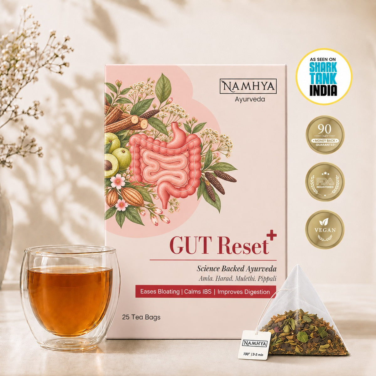 Namhya Gut Reset Plus Tea, Gut Reset Tea, Ayurvedic digestive tea, gut health tea, digestive wellness, bloating relief, digestion support, Amla, Harad, Mulethi, Pippali, herbal tea, 25 tea bags