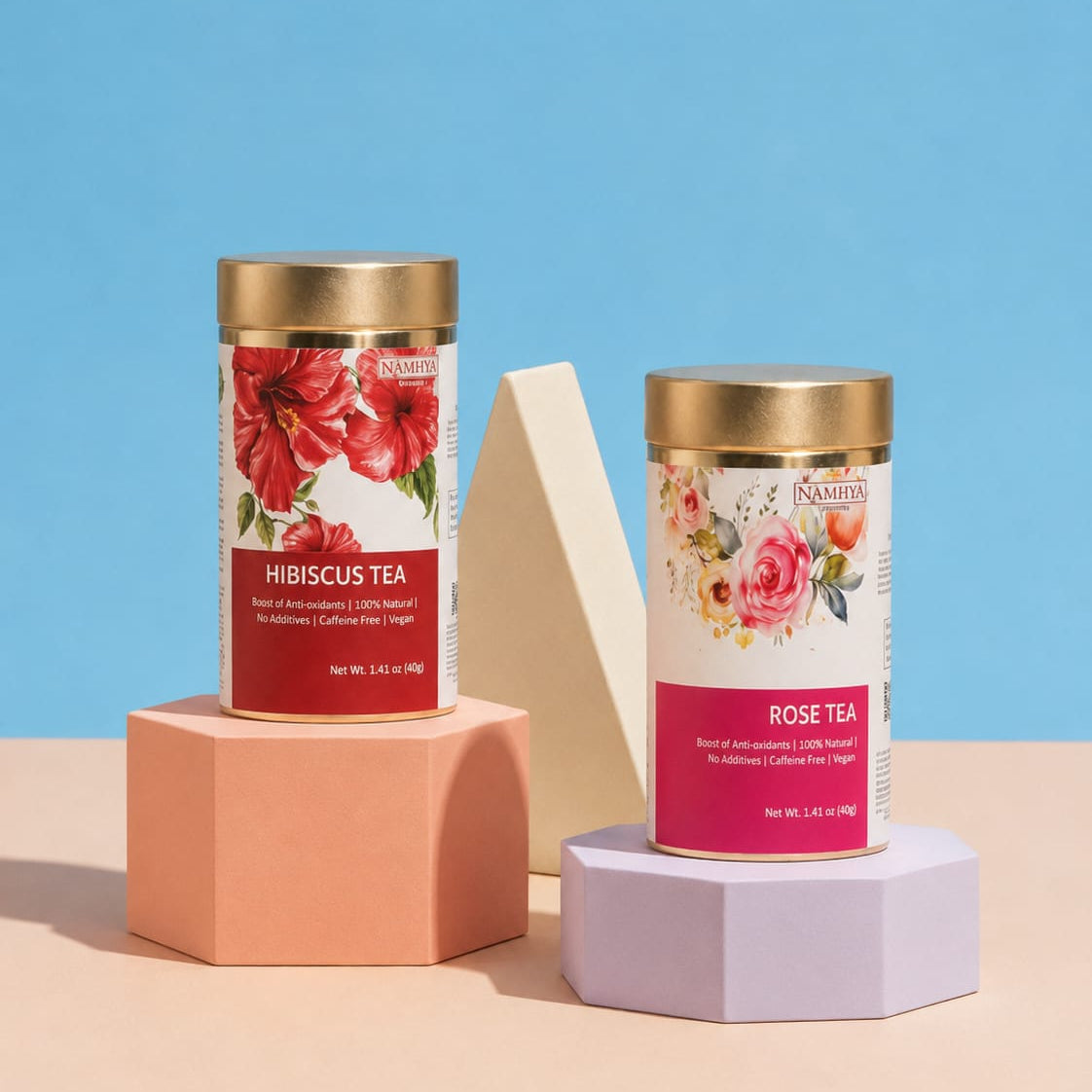 Namhya Hibiscus Tea, Namhya Rose Tea, hibiscus herbal tea, rose herbal tea, caffeine free tea, natural flower tea, antioxidant tea, floral herbal tea, wellness tea