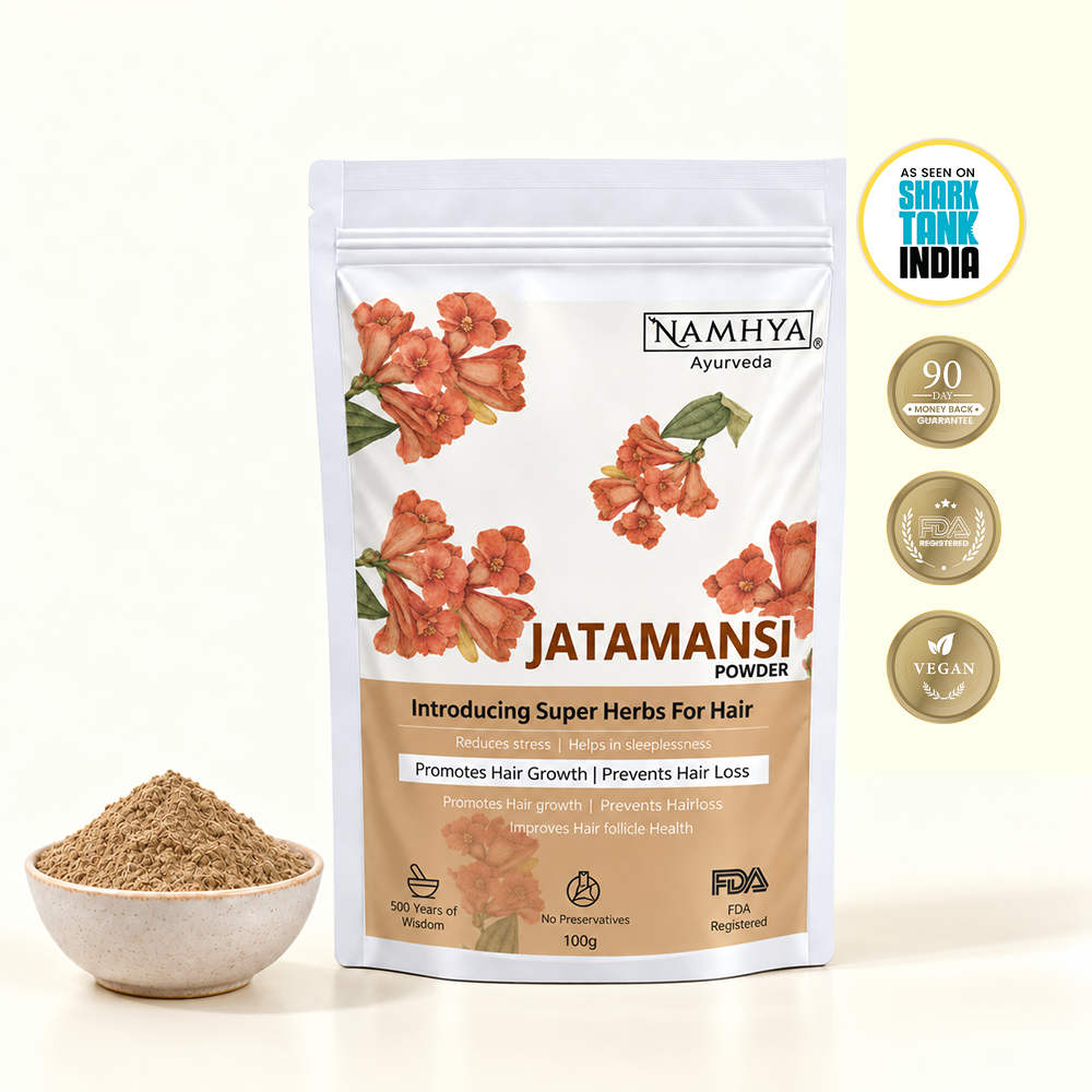 Namhya Jatamansi Powder, Jatamansi, Ayurvedic Jatamansi, Nardostachys jatamansi, hair growth support, hair loss care, stress relief, sleep support, healthy hair, 100g