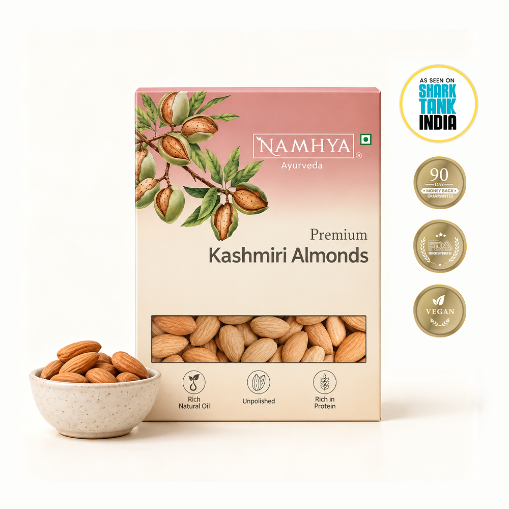 Namhya Ayurveda Premium Kashmiri Almonds, Kashmiri almonds, premium almonds, whole almonds, unpolished almonds, natural almonds, protein rich nuts, healthy dry fruits, nutritious snacks, premium dry fruits, vegan snacks