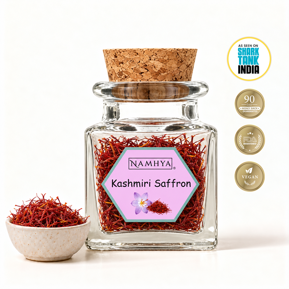 Namhya Kashmiri Saffron, Kashmiri Kesar, premium saffron strands, pure saffron threads, authentic Kashmiri saffron, natural saffron spice, kesar for cooking, premium Indian spices, saffron jar