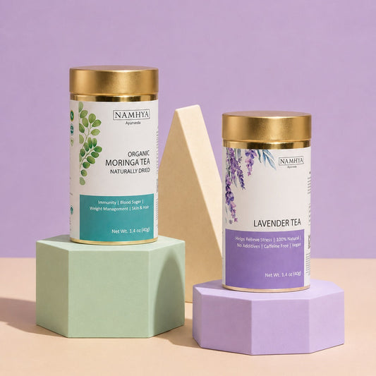 Namhya Organic Moringa Tea, Namhya Lavender Tea, moringa herbal tea, lavender herbal tea, caffeine free tea, natural herbal tea, calming tea, antioxidant tea, wellness tea, vegan tea