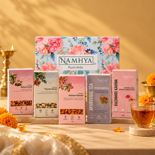 Namhya Ayurveda Diwali Gift Box, Diwali gift pack, Diwali gifting, premium dry fruits and tea gift set, Kashmiri Almonds, Pistachio Kernels, Walnut Kernels, Detox Blend Tea, Kashmiri Kahwa, festive gift hamper, corporate Diwali gifts, luxury Diwali gifts, Indian festive gifting