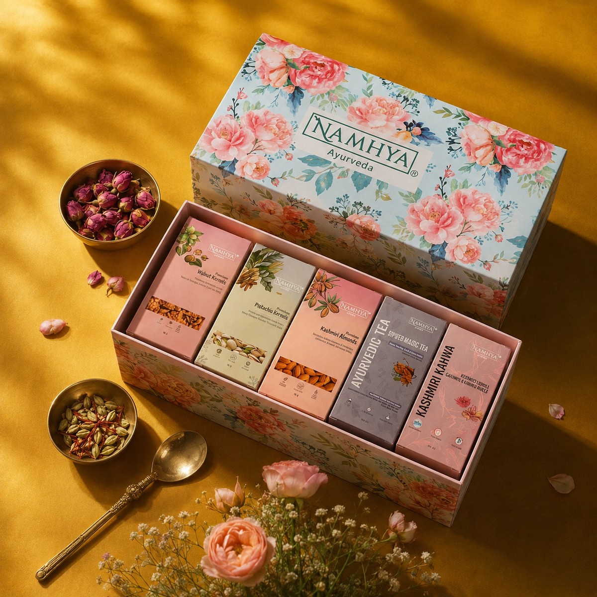 Namhya Ayurveda Diwali Festive Gift Box, Diwali gift pack, Diwali gifting, premium dry fruits gift set, Kashmiri Almonds, Pistachio Kernels, Walnut Kernels, Spiced Black Tea, Kashmiri Kahwa, festive gift hamper, corporate Diwali gifts, luxury Diwali gifts, Indian festive gifting