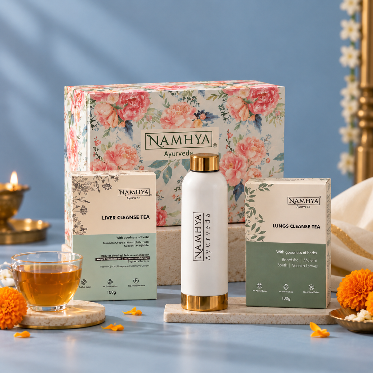Namhya Ayurveda Diwali Gift Box, Diwali gift set, Diwali gifting, premium Ayurvedic gift hamper, Liver Cleanse Tea, Lungs Cleanse Tea, reusable bottle, wellness gifts, corporate Diwali gifts, festive gifting