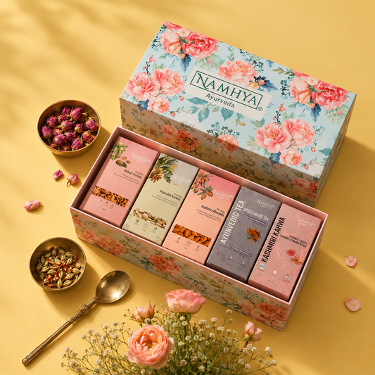 Namhya Ayurveda Diwali Gift Box, Diwali gift pack, Diwali gifting, premium Ayurvedic gift hamper, dry fruits gift set, Kashmiri Kahwa, herbal tea gift, festive gift box, corporate Diwali gifts, luxury Diwali gifts, Indian festive gifting