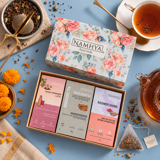Namhya Ayurveda Tea Gift Box, Diwali tea gift set, Diwali gift pack, Diwali gifting, premium tea gift box, Cocoa Cinnamon Latte, Spiced Black Tea, Kashmiri Kahwa, festive gift hamper, corporate Diwali gifts, Indian festive gifting