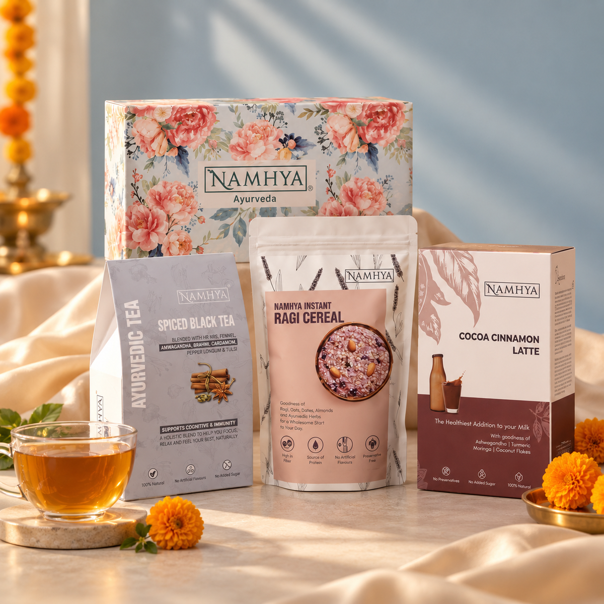 Namhya Ayurveda Diwali Gift Box, Diwali gift set, Diwali gift pack, Diwali gifting, Spiced Black Tea, Instant Ragi Cereal, Cocoa Cinnamon Latte, premium Ayurvedic gift hamper, festive gift box, corporate Diwali gifts, luxury Diwali gifts, Indian festive gifting