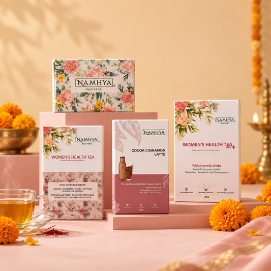 Namhya Ayurveda Diwali Gift Set, Diwali gift box, Diwali gift pack, Diwali gifting, Women's Health Tea, Cocoa Cinnamon Latte, Ayurvedic wellness gifts, premium festive gift hamper, corporate Diwali gifts, luxury Diwali gifts, Indian festive gifting