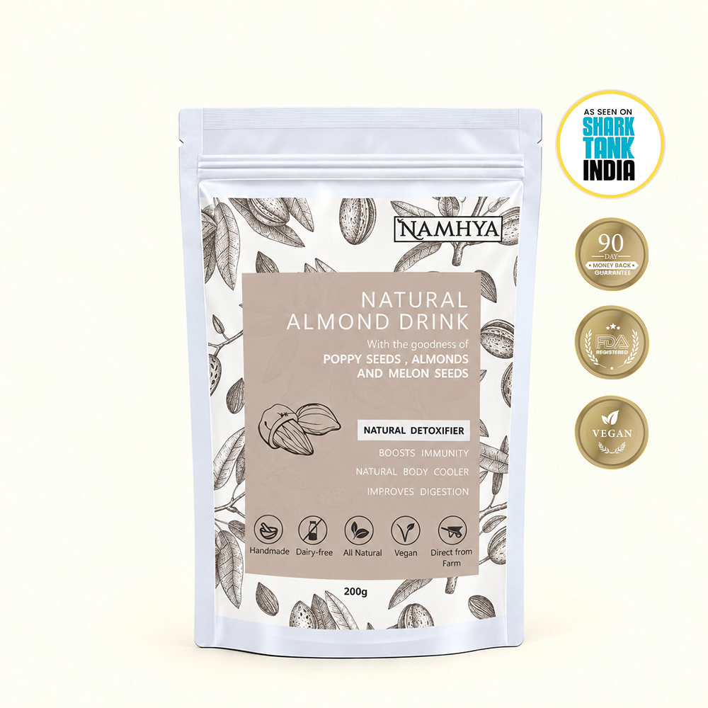 Namhya Natural Almond Drink, almond drink mix, poppy seeds, almonds, melon seeds, plant based drink, dairy free drink, vegan drink mix, natural beverage mix, digestive wellness, 200g