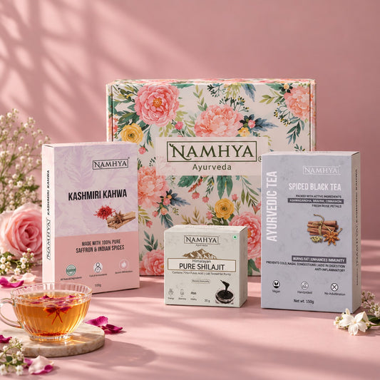 Namhya Nature's Gift Set, Diwali gift box, Diwali gift pack, Diwali gifting, Kashmiri Kahwa, Pure Himalayan Shilajit, Spiced Black Tea, Ayurvedic wellness gift hamper, premium festive gift set, corporate Diwali gifts, luxury Diwali gifts, Indian festive gifting