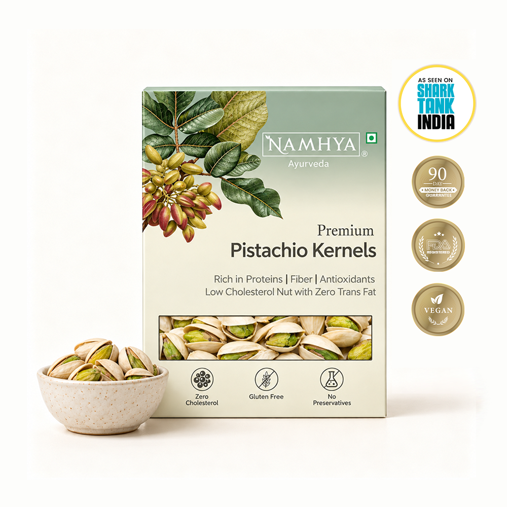 Namhya Ayurveda Premium Pistachio Kernels, premium pistachio nuts, pista, unsalted pistachios, shelled pistachio kernels, protein rich nuts, fibre rich snacks, antioxidant rich nuts, healthy dry fruits, premium nuts, vegan snacks