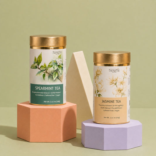 Namhya Spearmint Tea, Namhya Jasmine Tea, spearmint herbal tea, jasmine herbal tea, caffeine free tea, natural herbal tea, calming tea, wellness tea, 20 tea bags, vegan tea