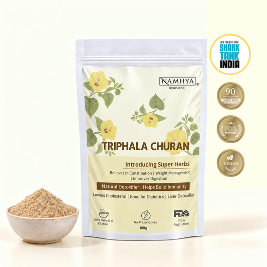 Namhya Triphala Churan, Triphala Powder, Ayurvedic Triphala, herbal digestive supplement, natural detoxifier, digestive health, constipation relief, weight management, gut health, 100g