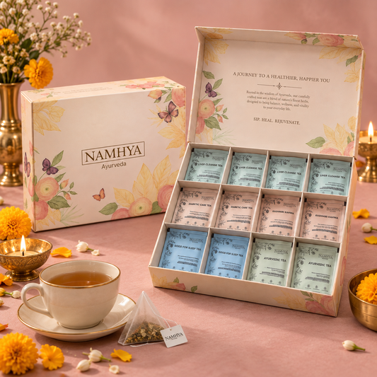 Namhya Ayurveda Ultimate Gift 2, Diwali gift box, Diwali gift pack, Diwali gifting, premium herbal tea gift set, assorted Ayurvedic teas, 12 tea sachets, festive gift hamper, corporate Diwali gifts, luxury Diwali gifts, Indian festive gifting