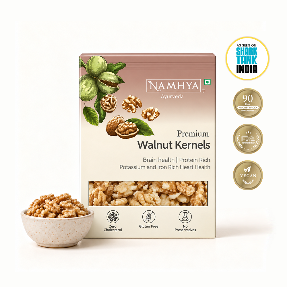 Namhya Ayurveda Premium Walnut Kernels, premium walnuts, walnut kernels, akhrot, raw walnuts, brain health, plant based protein, heart healthy nuts, potassium rich walnuts, iron rich nuts, gluten free, healthy dry fruits, vegan snacks