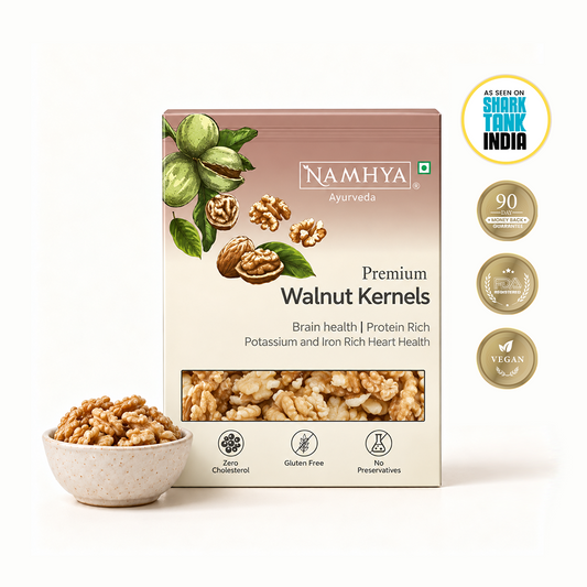 Namhya Ayurveda Premium Walnut Kernels, premium walnuts, walnut kernels, akhrot, raw walnuts, brain health, plant based protein, heart healthy nuts, potassium rich walnuts, iron rich nuts, gluten free, healthy dry fruits, vegan snacks