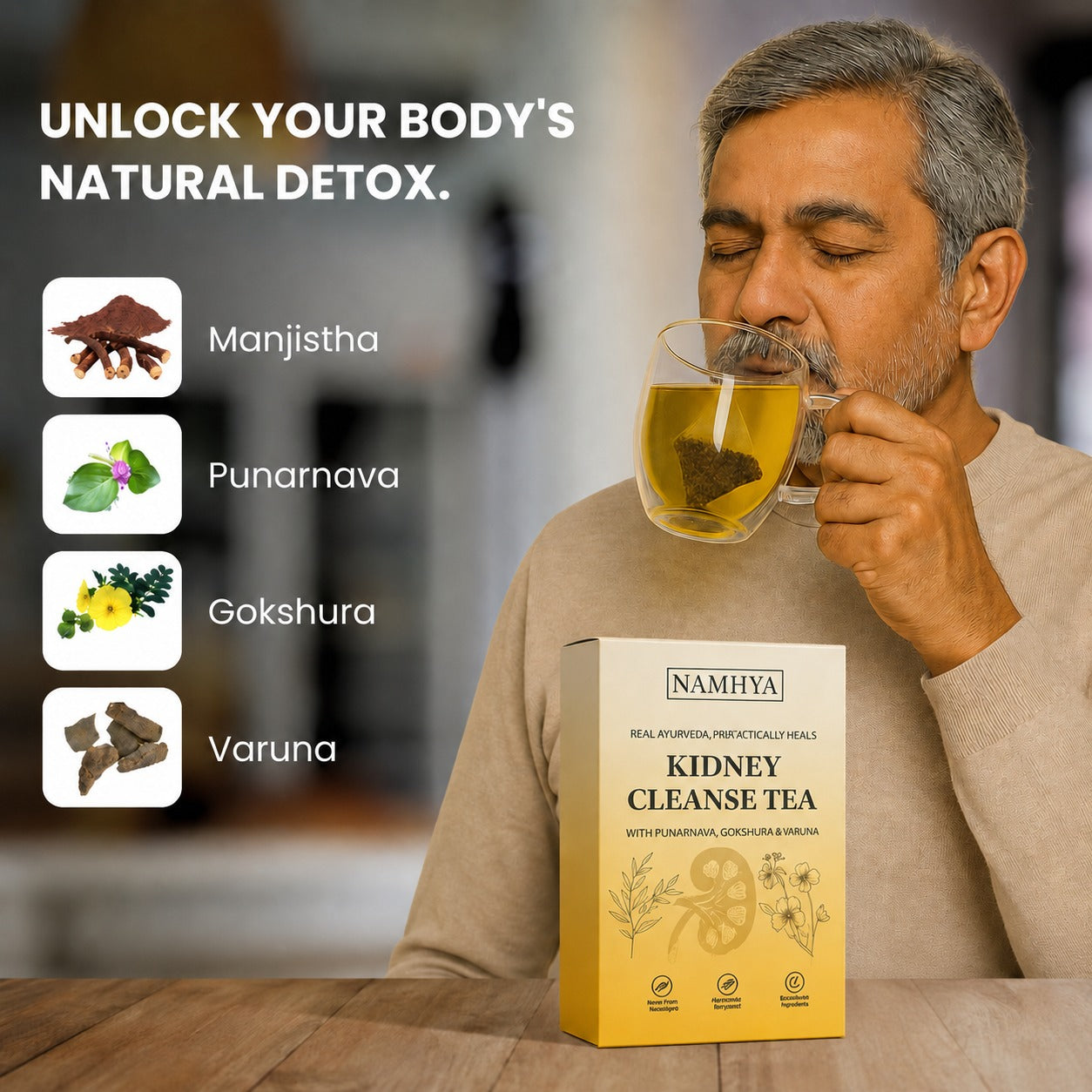 Namhya Kidney Cleanse Tea | 28-Day Ayurvedic Blend for Kidney Detox, Stone Shield & Water-Weight Relief | Sip – Flush – Renew