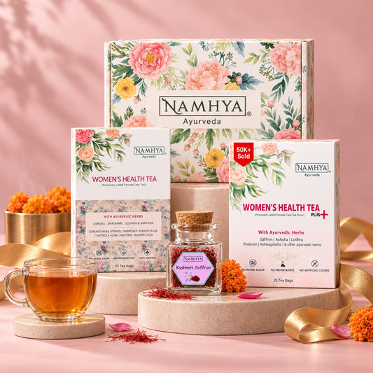 Namhya Women's Health Tea Gift Box, Diwali gift set, Diwali gift pack, Diwali gifting, Women's Health Tea, Women's Health Tea Plus, Kashmiri Saffron, Ayurvedic women's wellness, premium festive gift hamper, women's wellness gifts, corporate Diwali gifts, luxury Diwali gifts