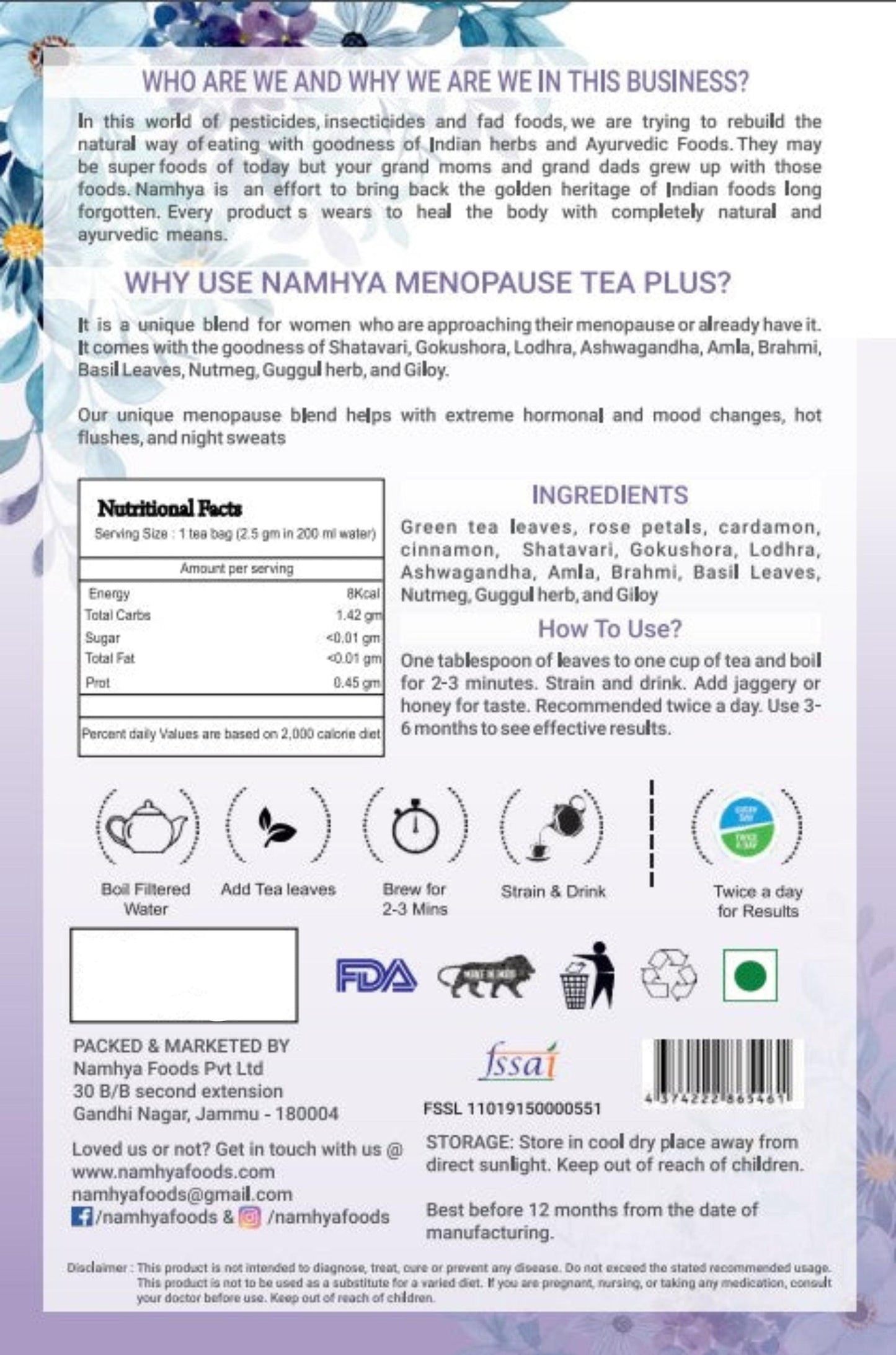 Namhya Good for Menopause Tea For Weight Management, Mood Swings and Good Sleep | 100 Grams